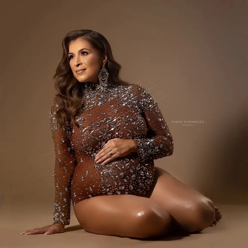 Stretchy Maternity Photography Bodysuit Luxurious Crystals Brown Rhinestone Pregnancy Photo Shoot Wear Jumpsuits