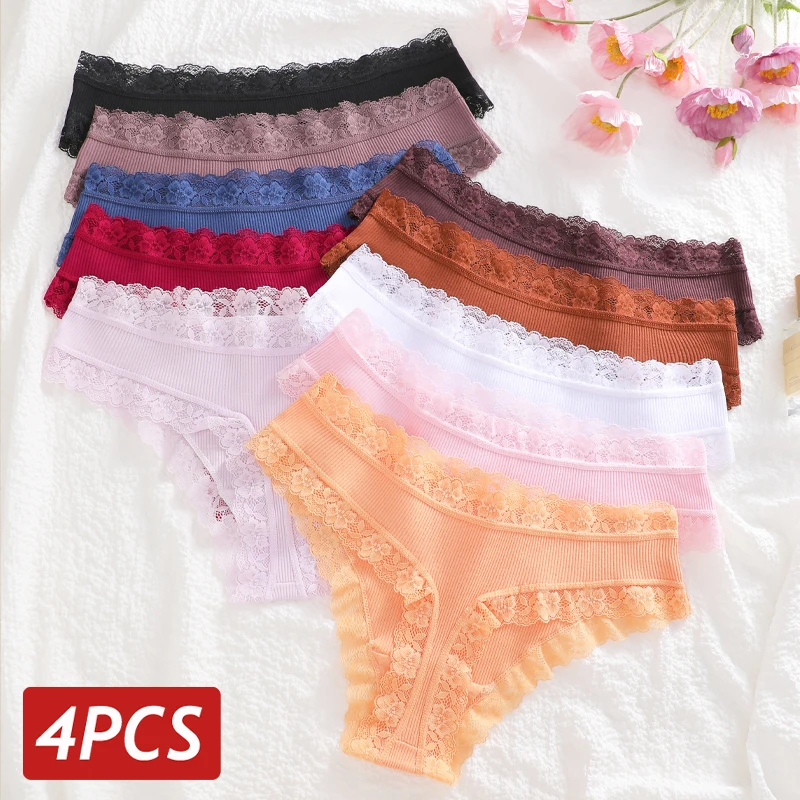4 Stück nahtlose Baumwollstoff-Höschen für Damen, einfarbig, Spitze, Blumenmuster, niedrige Taille, atmungsaktiv, G-String, Damen-Intimwäsche