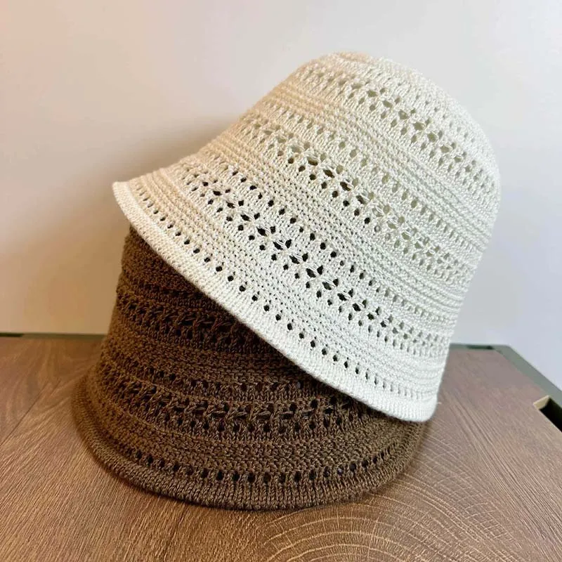 New Arrived Spring Solid Color Knitted Hollow Fisherman Hat Outside Beach Summer Vacation Sunshade Bucket Cap Women's Sun Hat