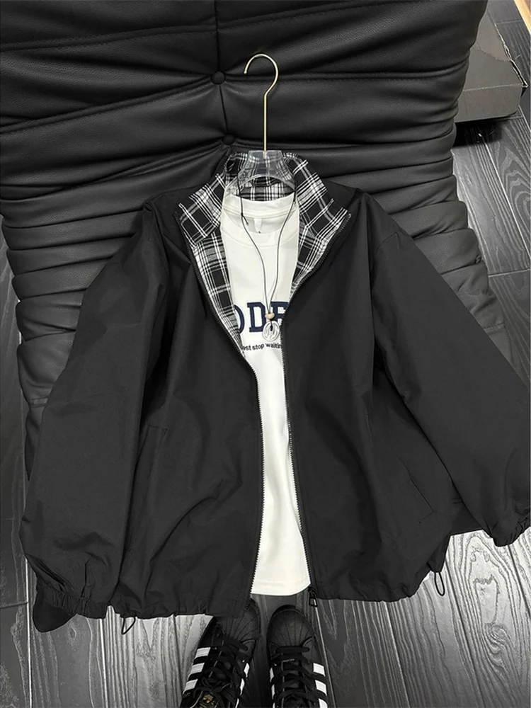 

American Sle Cleanfit Plaid Patchwork Men's Jaet Autumn Spring Turn-down Collar Baseball orm High Quali Couple Casu...