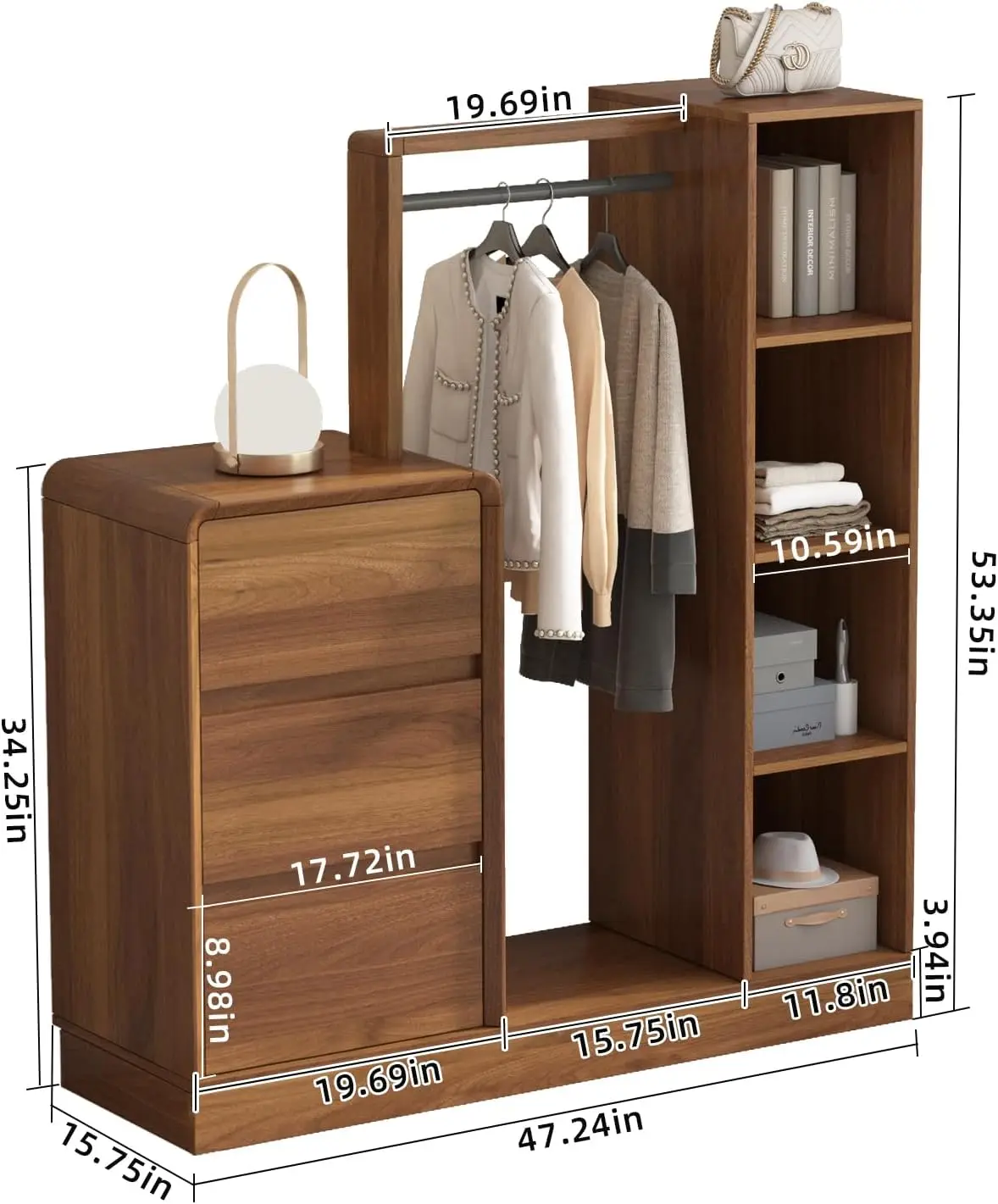 Comò per camera da letto con appendiabiti e fermalibri, comò in legno a 3 cassetti con libreria a 4 livelli, portaoggetti con cassetti