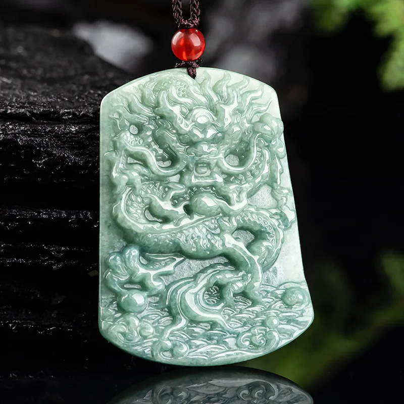 Natural Jadeite A-grade Mighty Dragon Pendant Jade Bean Green Ice Zodiac Men's Necklace Women's Attracting Wealth Temperament