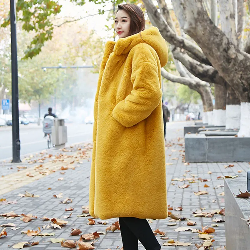 2023 Winter Solid Plus Size Warm Long Rabbit Fur Coats Female Lapel Outerwear Brand Thick Jacket Women Faux Fur Coat