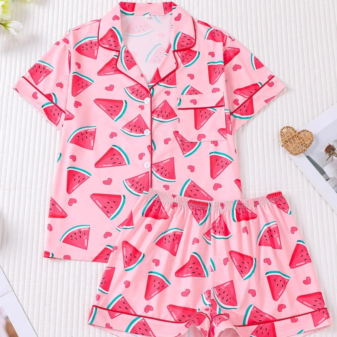 Fruit Themed Pajama Pink with Watermelon Lapel Short Sleeve Short Pants Loungewear Home Wear Set Clothes Gifts for Women