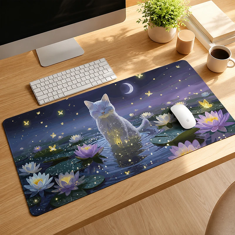 Mouse Pad Gaming White Cat Starry Lotus Pond printon demand Computer Home Mousepad XXL Desk Mats Carpet Non-Slip Soft Mouse Mats