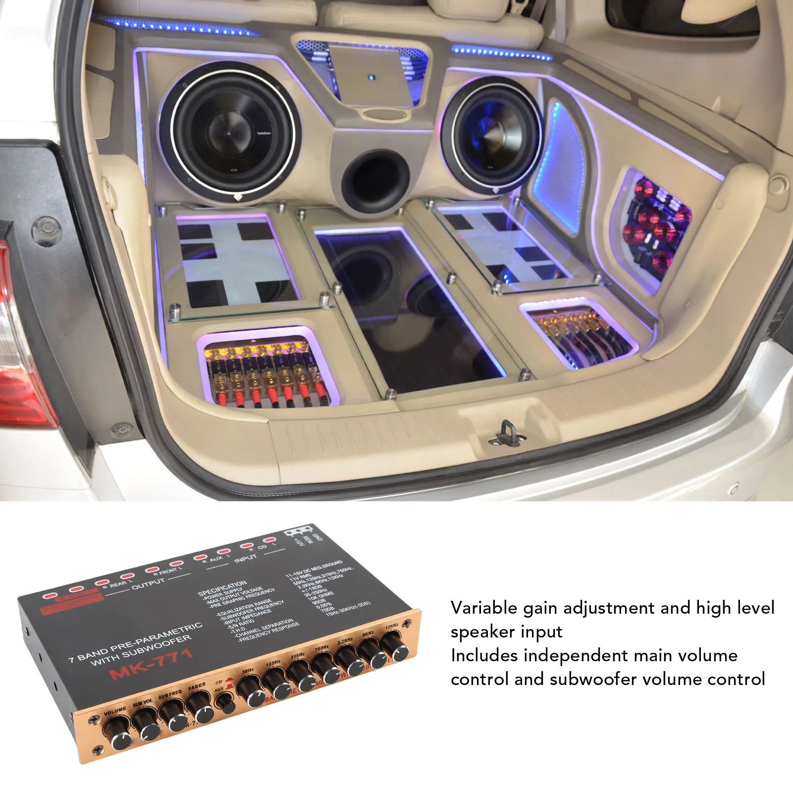 7-pasmowy equalizer samochodowy, graficzny equalizer samochodowy, wyjście subwoofera przedniego i tylnego, wejście głośnikowe wysokiej jakości do kamperów, łodzi i motocykli.