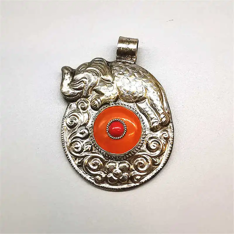 

Lucky Elephant Amulet Pendants White Metal Copper inlaid Amber Double Sides Flower TBP221