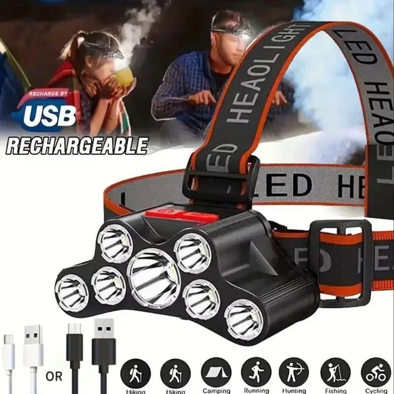 

7LED Powerful LED Headlamp USB Rechargeable 4 Modes Waterproof Adjustable Head Lamp Flashlight For Camping Emergency Headlights