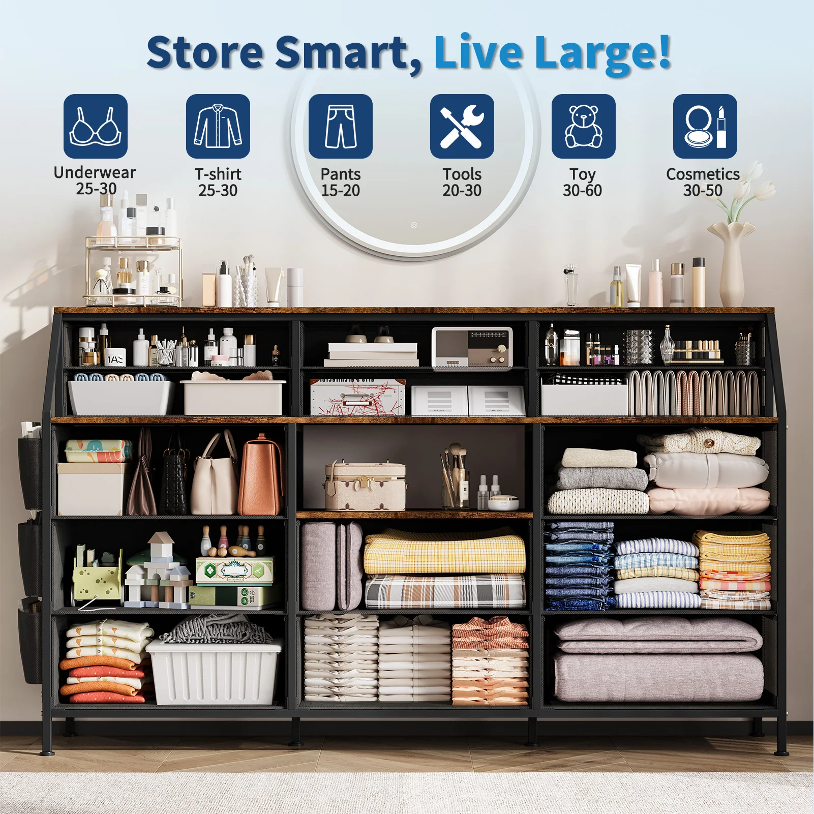 55.1" Extra Wide Dresser TV Stand with 14 Fabric Drawers, Open Shelves, Side Pocket, Metal Frame & Wood Top – Vintage Storage Cabinet for Bedroom, Living Room, Closet - view 5