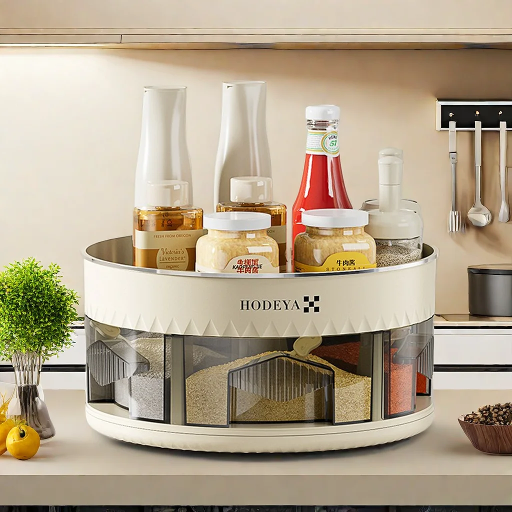 

360 degree rotation condiment box double shelf for condiment storage box on kitchen counter multi-compartment condiment box