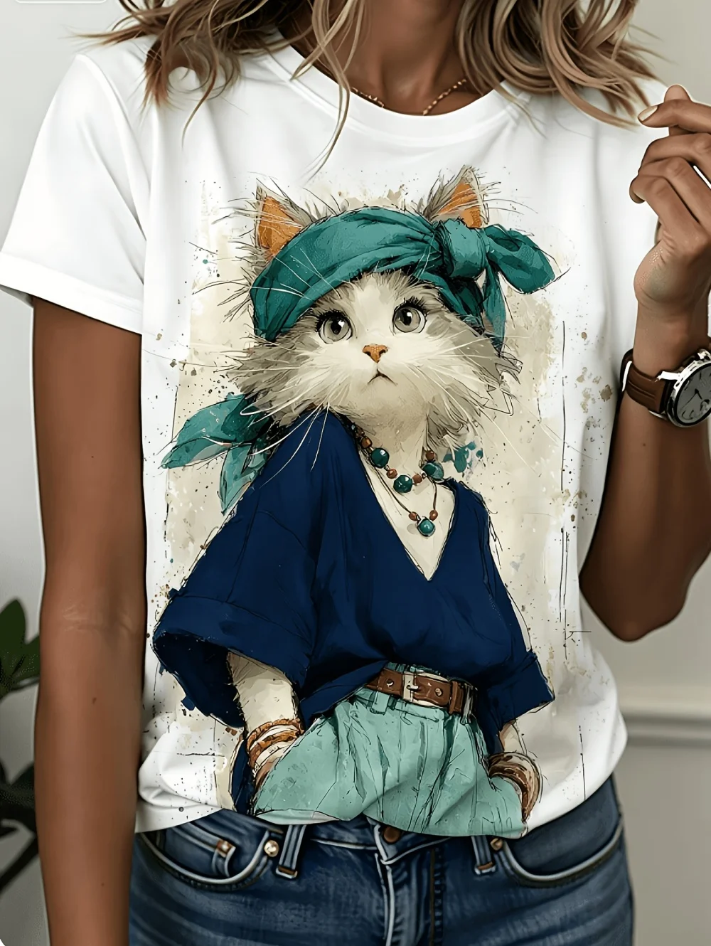 Neues Damen-T-Shirt mit Katzen-Print, modisches Kurzarm-3D-Druck-T-Shirt, Sommer-Streetwear, O-Ausschnitt, lockerer Pullover, Damenbekleidung – Detail 3