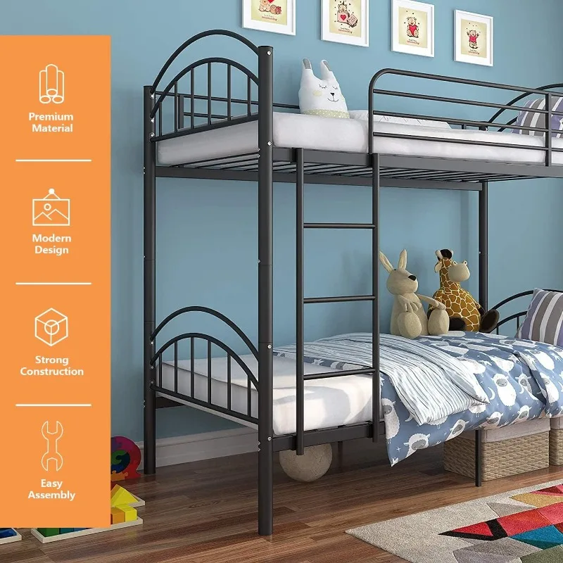 Bunk Beds Frame Twin Over Twin, Convertible Into 2 Individual Metal, Removable Ladder & Safety Guard Rail