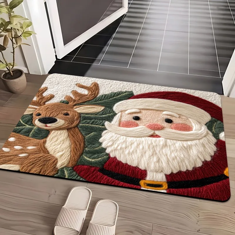 VIKAMA Embroidery Deer Head Pinecone Scarf Door Mat Dirt Resistant Non Slip Entryway Porch Farmhouse Cozy Holiday Home Decor