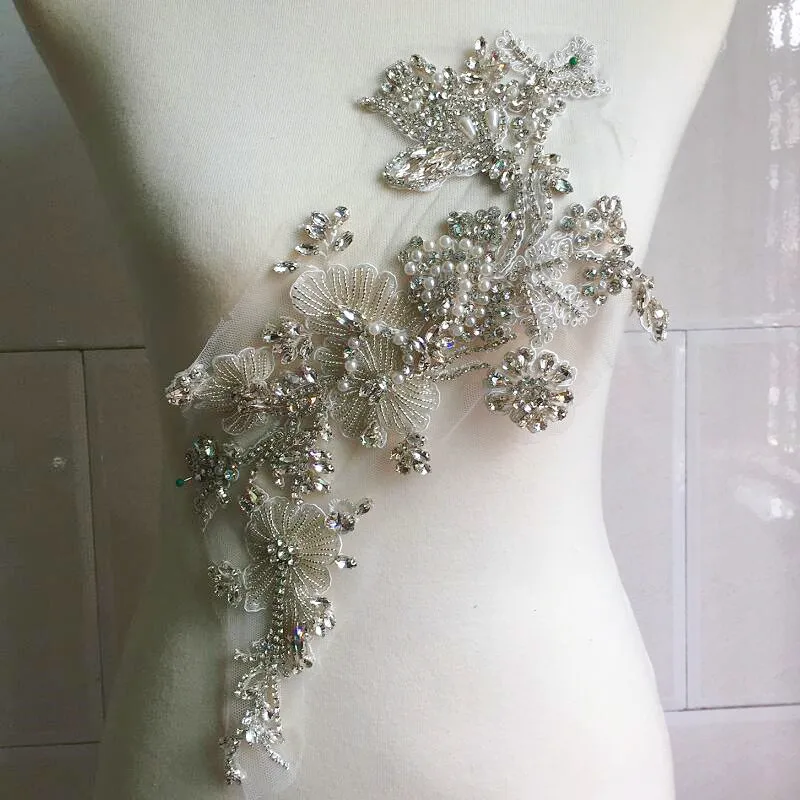 2PCS/1 Pair 17*37CM Hand Sewn Glass Diamond Mirror Flower Water Diamond Flower Belt Shoulder Wedding Dress DIY Patch RS4833