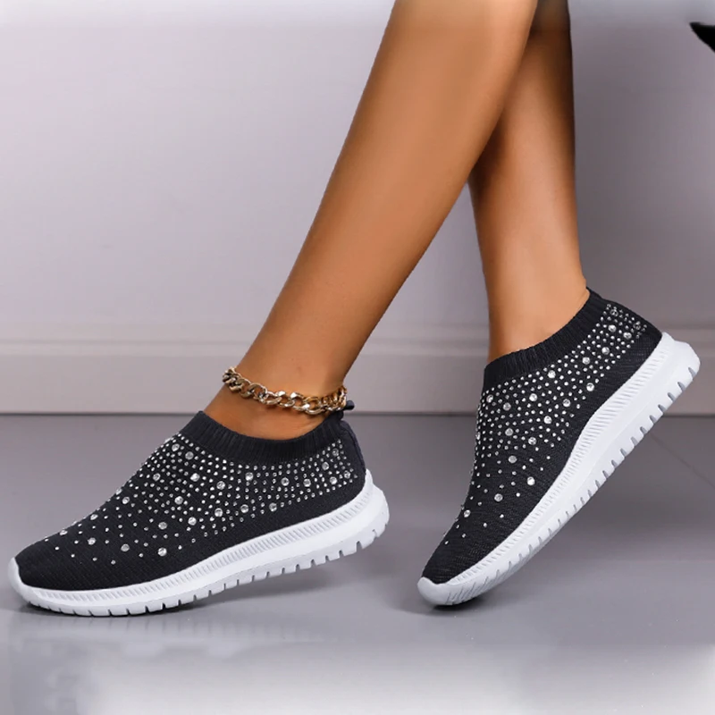 Lucyever Fashion Crystal Platform Sneakers Women 2024 Plus Size Breathable Mesh Flats Woman Comfy Slip On Non-Slip Running Shoes