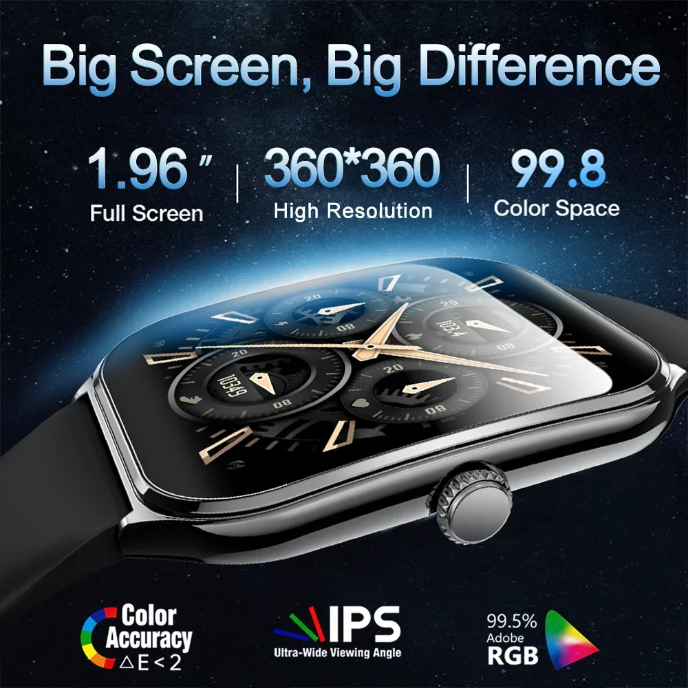 Reloj inteligente deportivo para exteriores para hombre, pantalla AMOLED de 1,96 ", muestra siempre el tiempo, Monitor de salud por voz AI, resistente al agua, llamada Bluetooth, reloj inteligente