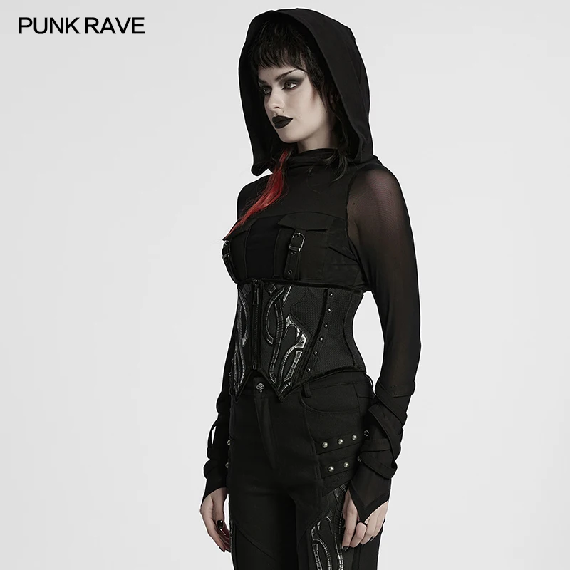 PUNK RAVE Damen-Cyberpunk-Korsett aus atmungsaktivem Mesh, symmetrischer spitzer Saum, Nieten, geheimnisvoll, verstellbares Kordelzug-Zubehör