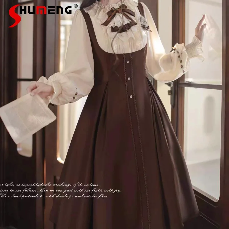 

Original Elegant Classic Temperament Brown Retro Lolita Cape Dress Japanese Academy Style Long Sleeves Slim Fit Dresses Ladies
