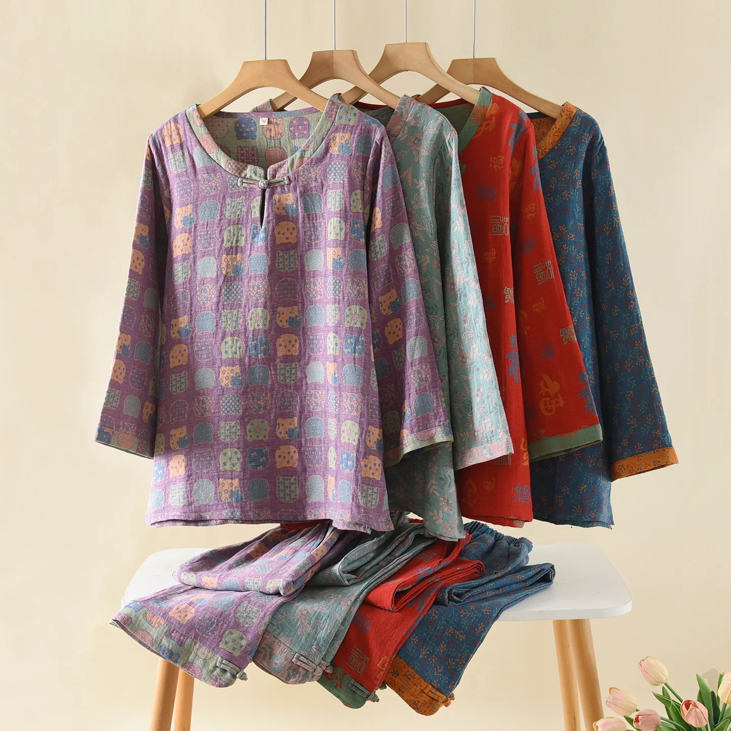 

Женский пижамный комплект в национальном стиле, весенне-осенний новогодний жаккардовый комплект с длинными рукавами, окрашенный в пряже, свободный домашний пижамный комплект