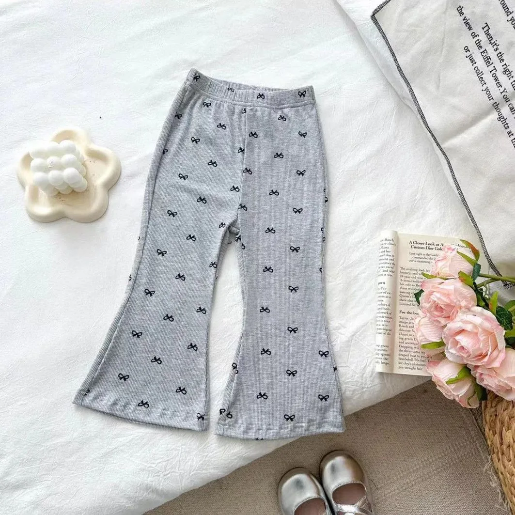Girls Summer Casual Pants Babys Korean Version Butterfly Bow Fashion Elastic Nine Point Bell Bottom Pants