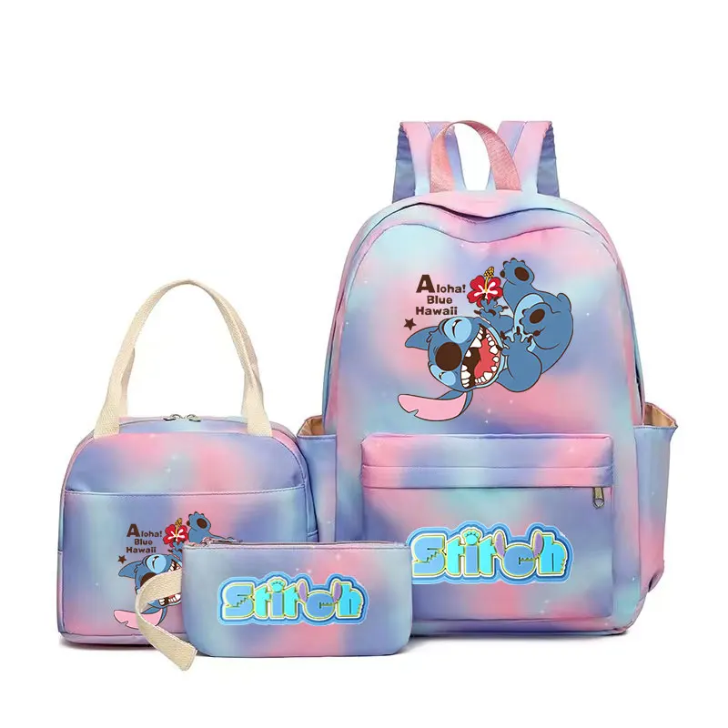 3pcs Stitch Kids Girl Backpack, Anime Tote Shoulder Handbag, Casual Outdoor Travel Sport Daypack With Lunch Bag Pencil bag