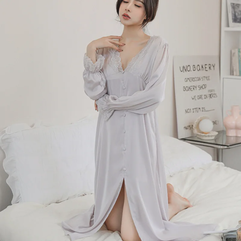 Sexy Lace Trim V-neck Nightgown Bathrobe New Rayon Female Nightdress Sleepshirt Elegant Palace Style Princess Sleepwear Homewear