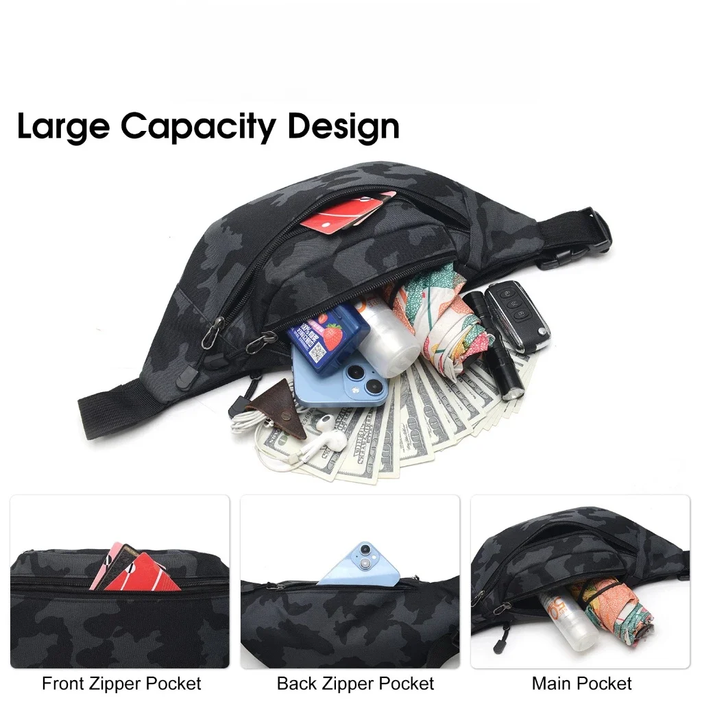 Men's Crossbody Waist Bag Multifunctional Waterproof Fitness Chest Pack with Three Pocket Nylon Fabric Chest Trendy Shoulder Bag
