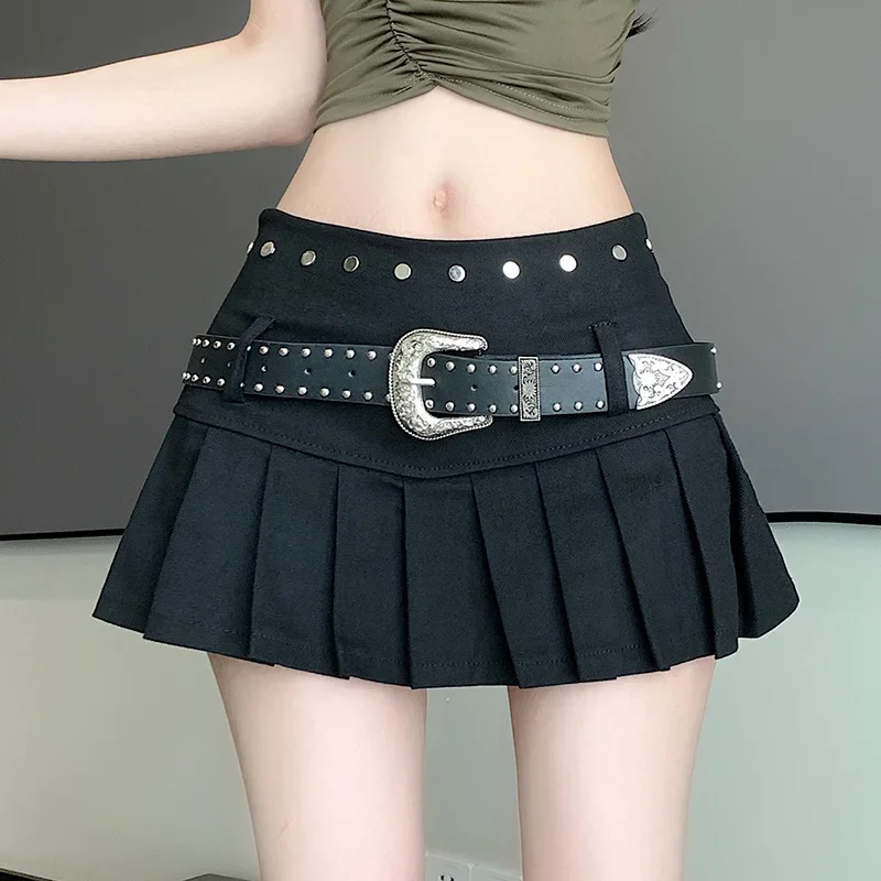 Y2k Rivet Pleated Skirts Women's Casual High Waist with Belt Sexy JK Skirts Vintage Fashion Popular A-line Skirts New Streetwear