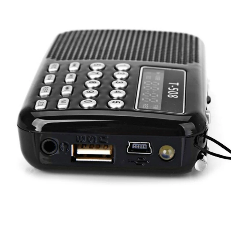 Radio FM portátil Tarjeta USB Reproductor música Antena Recepción con linterna T-508