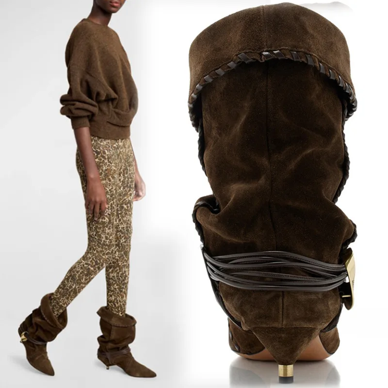 

Women New European And American Pointed Metal Cat Heel Strap Folded Pile Short Boots Flanged Oversized High Heels