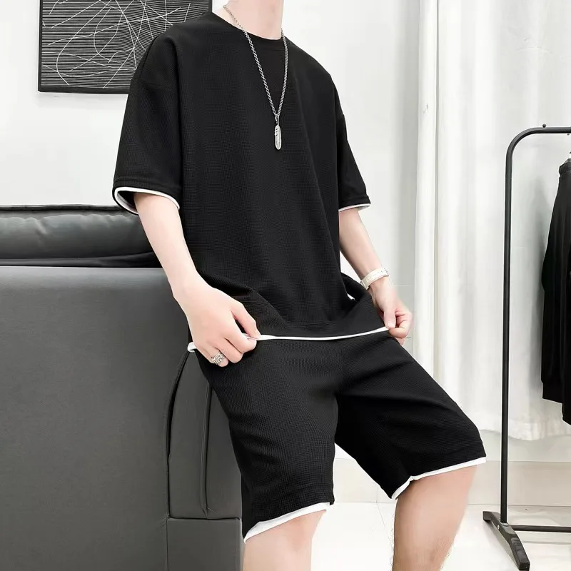 2024 Men\'s Breathable Waffle Suit Short-sleeved T-shirt + Shorts Summer Loose Youth Trend Casual Sportswear Two-piece Set S-4XL