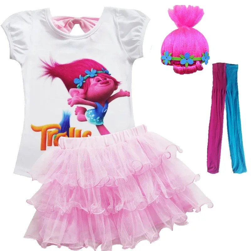 L2025l nuevo Cosplay niñas pequeñas verano Casual Poppy Troll siete colores camiseta y falda peluca ropa de bebé de dibujos animados carnaval Cospl