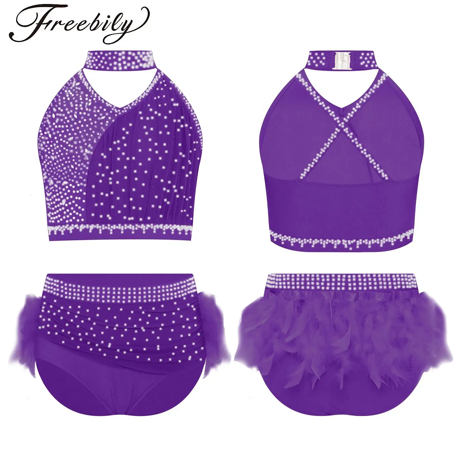 

Kids Girls Latin Stage Leotard 2-Piece Dance Performance Outfit Cross Back Sparkly Rhinestones Bodysuit Ruched Crop Top Jumpsuit