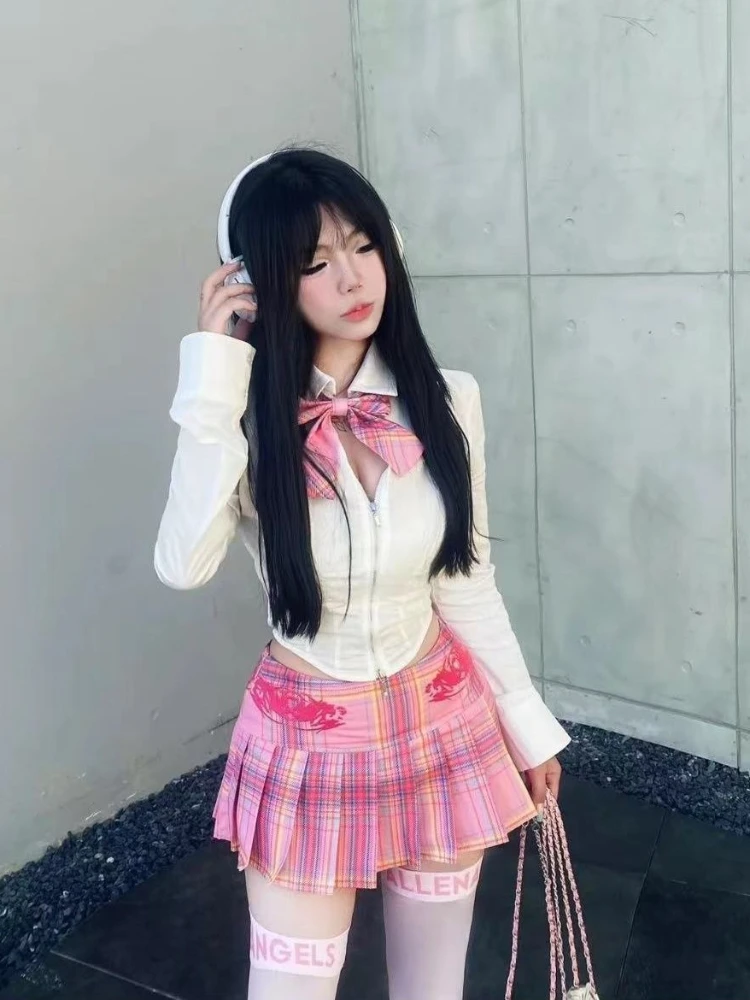 HOUZHOU Sweet Plaid Jk Skirt Two Piece Sets Women Kawaii Preppy Style Pleated Mini Skirts Slim Long Sleeve Shirt Crop Tops Y2k