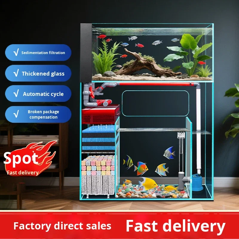 Double-Layer Floor-Standing Ultra Clear Glass Filter Oxygenation Integrated Square Modern Smart Fish Tank Home Living Room