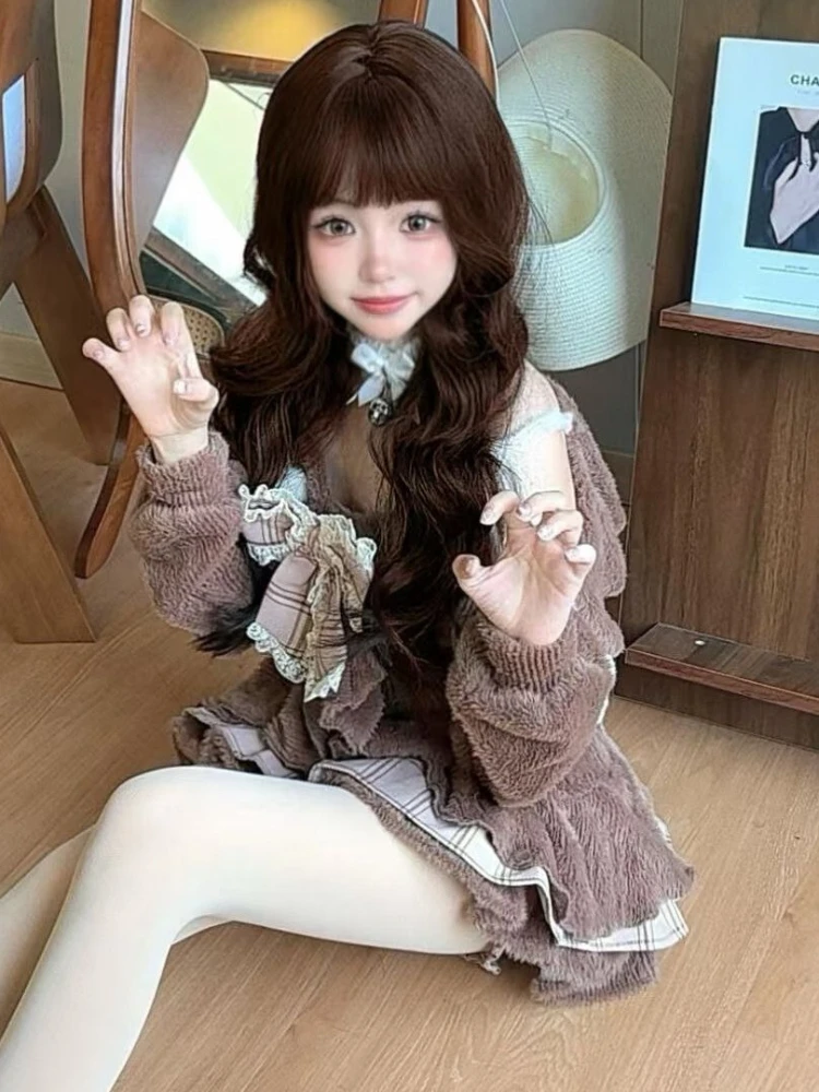 Japoński zestaw Sweet Lolita, dwuczęściowy, damski, bluzka z długim rękawem i kokardą + mini spódniczka w kratę, zimowy, kobiecy, kawaii, modny zestaw, nowość 2025