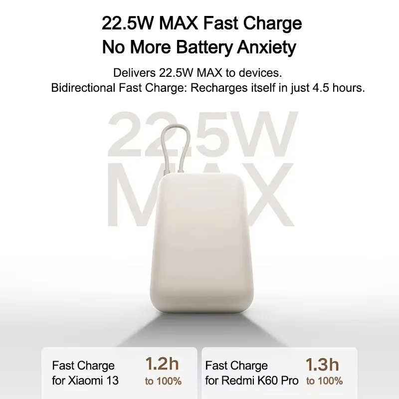 10000mAh Power Bank Super Fast Charging 22.5W With Built-in Data Cable Two-way Fast Charging For iPhone Samsung Redmi