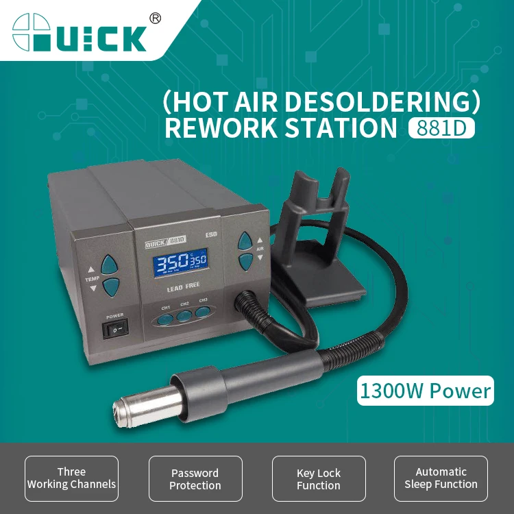 Original 1300W 220V QUICK 881D Heat Lead Free Hot Air Soldering Station Microcomputer Temperature Rework Station