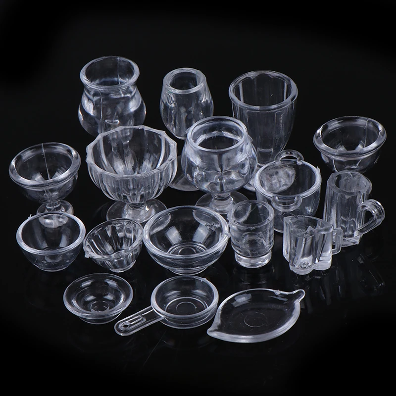 Minivajilla transparente para cocina, juego de vajilla de juguete, tazas, platos, miniaturas, 17 unids/set