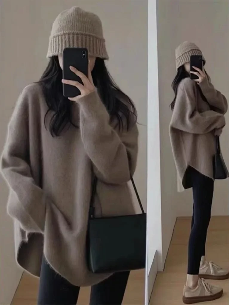 Raccoon Wool Knitted Sweater Winter Maternity Loose Outer Wear Plus Size Pregnant Women's Knitting Pullovers Fashion Jackets Red