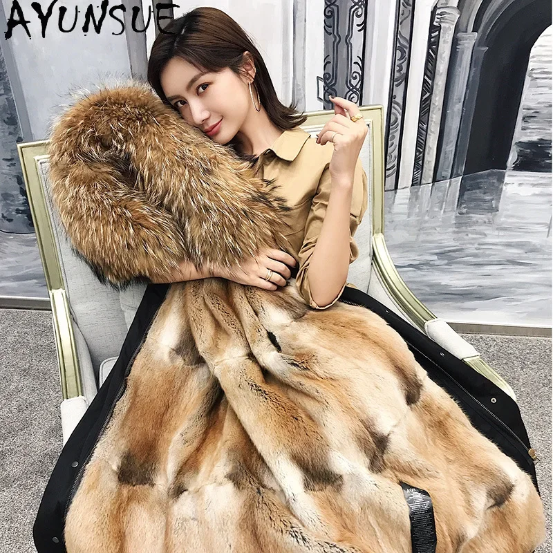 

AYUNSUE Real Fur Coat Female Mink Fur Liner Long Jacket 2020 Winter Clothes Women Fox Fur Collar Luxury Woman Parkas 201901111