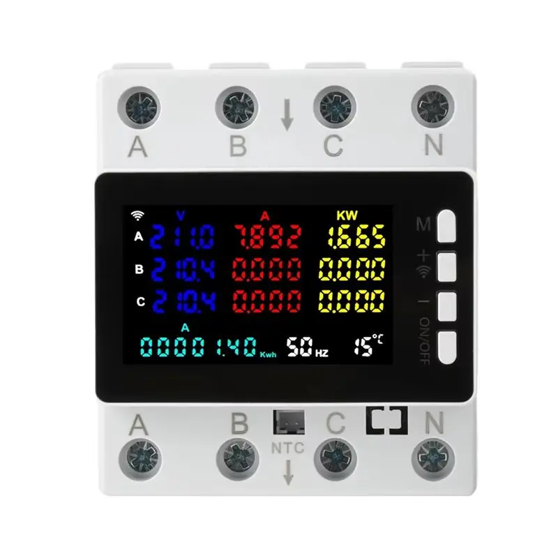A42T-Tuya WIFI Intelligent Three Phase 4-Wire Rail Current Voltage Meter HD Color Screen Electricity Power Energy Meter