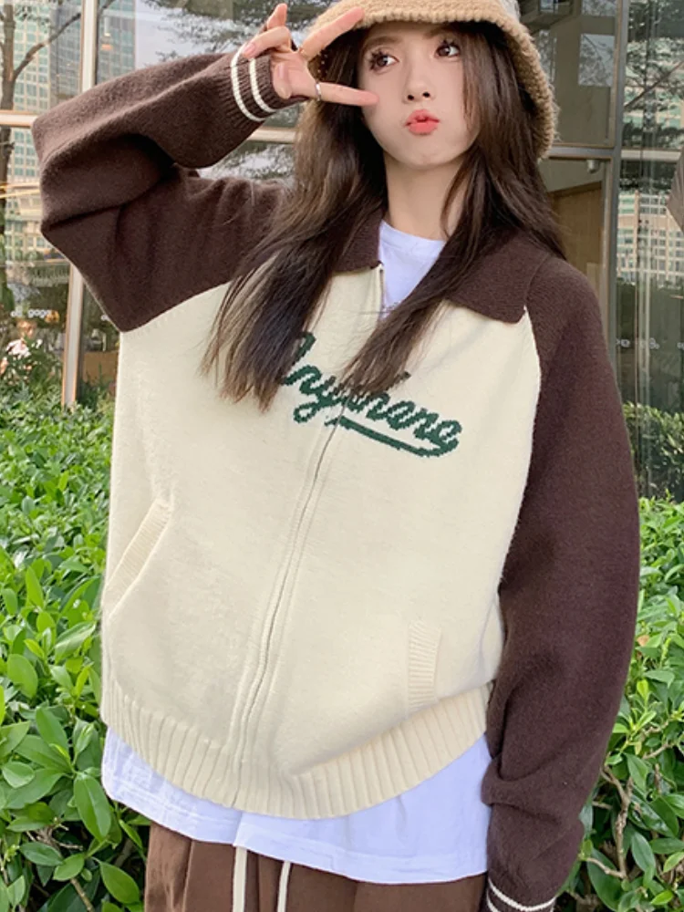 

Autumn Cardigan Women American Retro Knitted Sweater Korean Fashion Long Sleeve Knitwear Ladies Casual Loose Zipper Cardigans