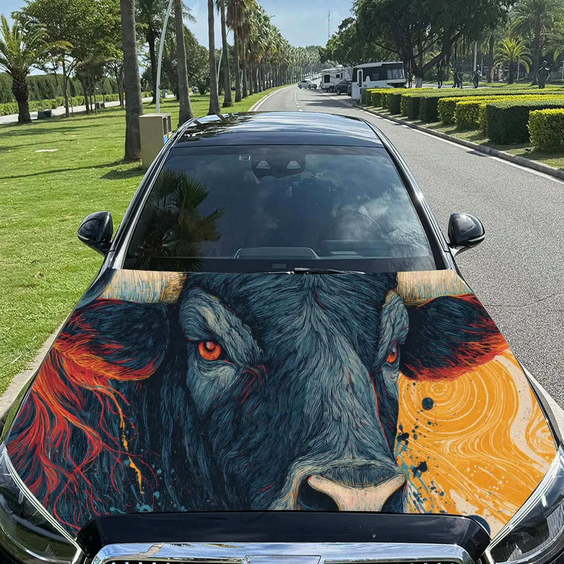 

Artistic Majestic Bull PVC Car Engine Hood Vinyl Wraps, Self-Adhesive Waterproof Car Hood Decal Sticker, Car Decoration Protecti