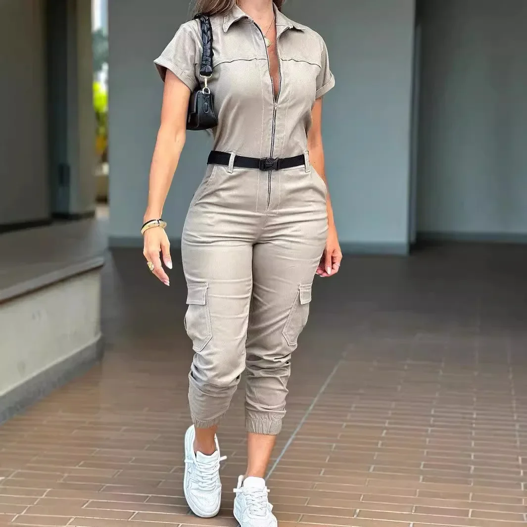 Sexy Women's Jumpsuit 2024 Summer New Fashion Zipper Workwear Short Sleeved Lapel Multi Pocket Waistband Bodysuit Pants Female