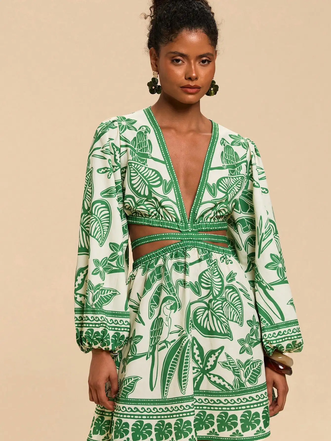Green Tropical Print V-Neck Cutout Mini Dress with Bell Sleeves for Summer Beach & Festival
