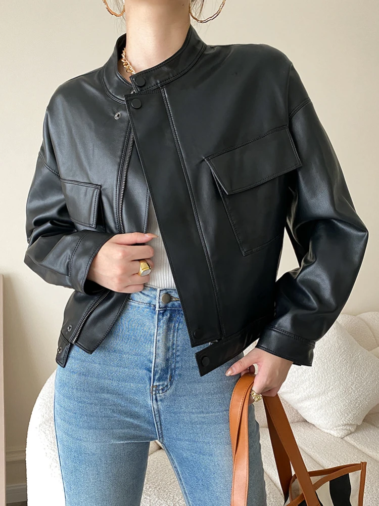 

Black Cropped PU Leather Coat for Women Spring Autumn 2024 Trend Simple Stand Collar Zipper Motorcycle Leather Jacket