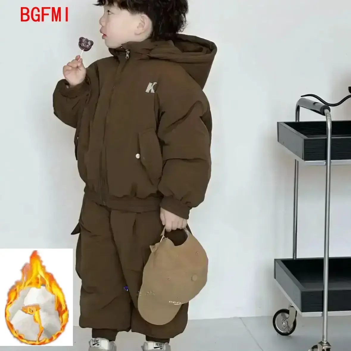 

Winter Coat for Kids Boys Hood Outerwear 2025 New Children's Clothing Thick Keep Warm Top and Bottom Two-piece Set 2-10Y outfits