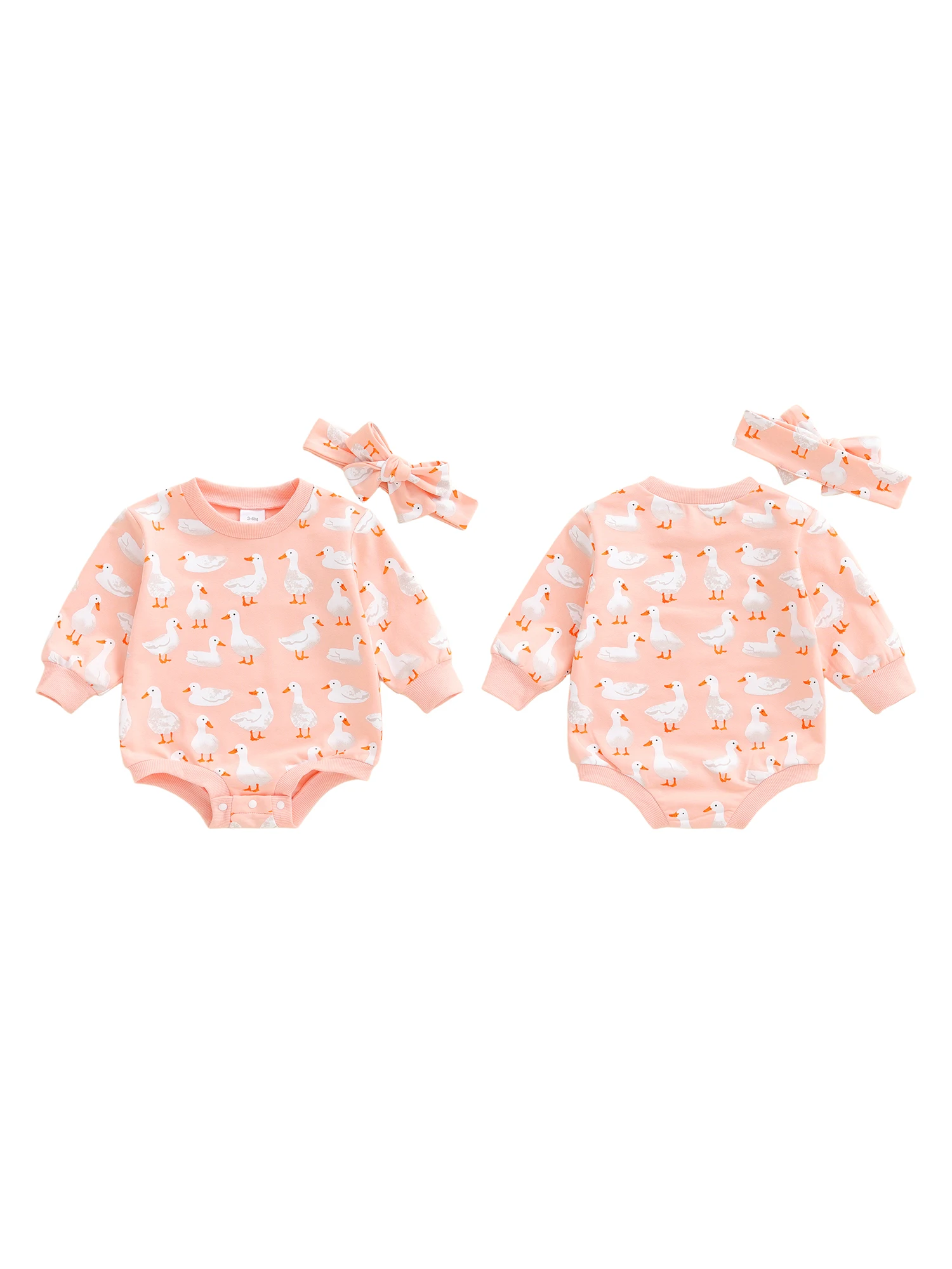 

Infant Girls Autumn Bubble Romper with Adorable Duckling Print Long Sleeves and Matching Bow Headband for a Cute Look
