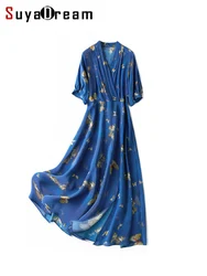 SuyaDream Women Maxi Dresses 100%Silk Crepe De Chine V Neck Printed Wrap Long Dress 2023 Spring Summer Holiday Clothes Blue